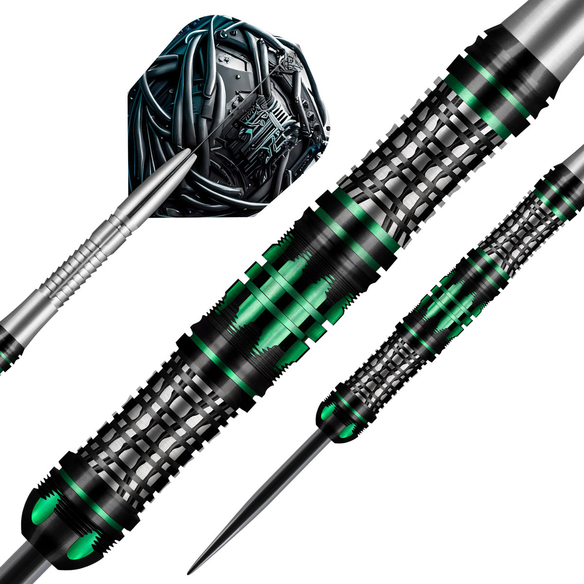 AI Cyberpunk Steel Tip Darts dynamic product image highlighting the full dart setup and futuristic barrel design