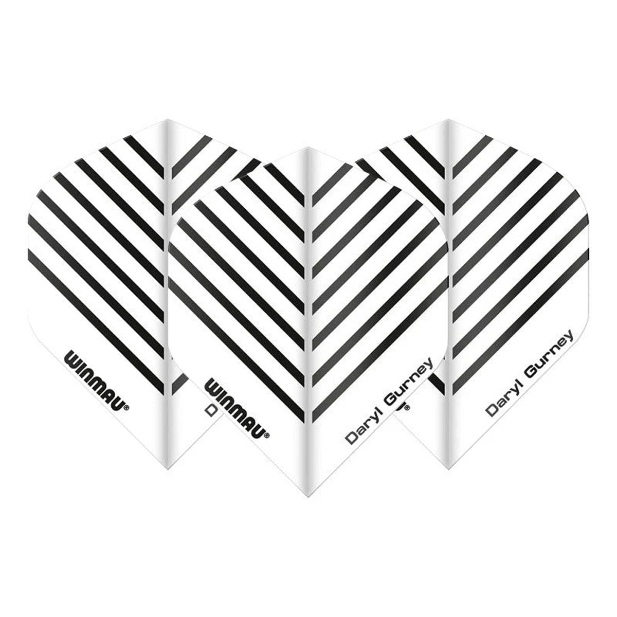 A set of white dart flights with black geometric patterns, featuring the text 'Winma' and 'Daryl Gurney' on them.