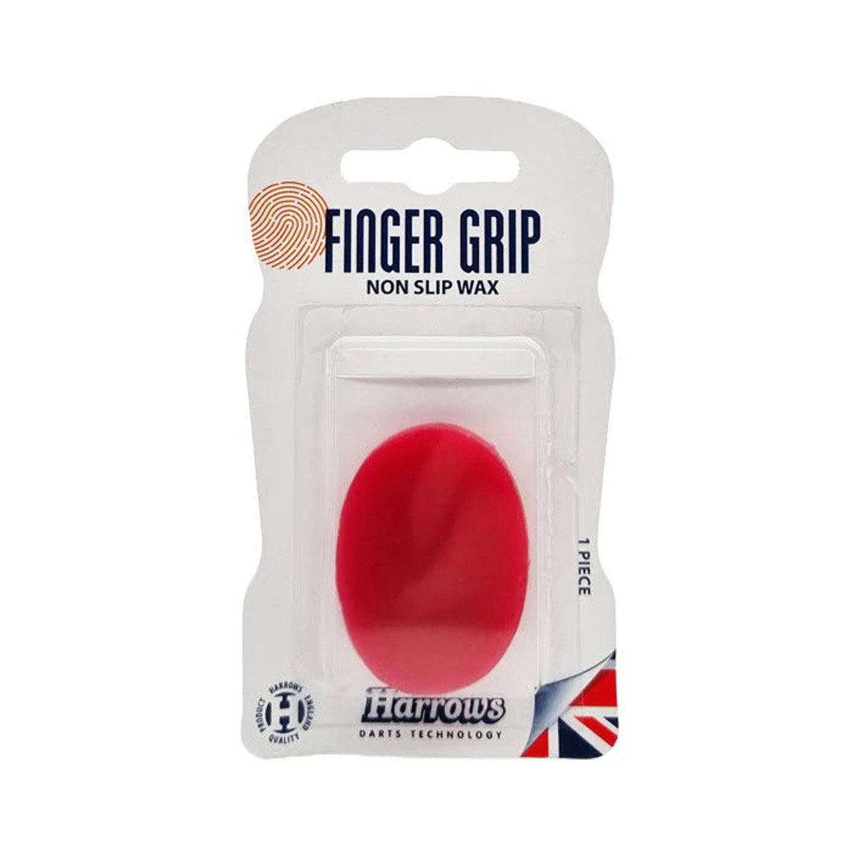 A red finger grip non-slip dart wax in a clear plastic packaging with Harrows branding.