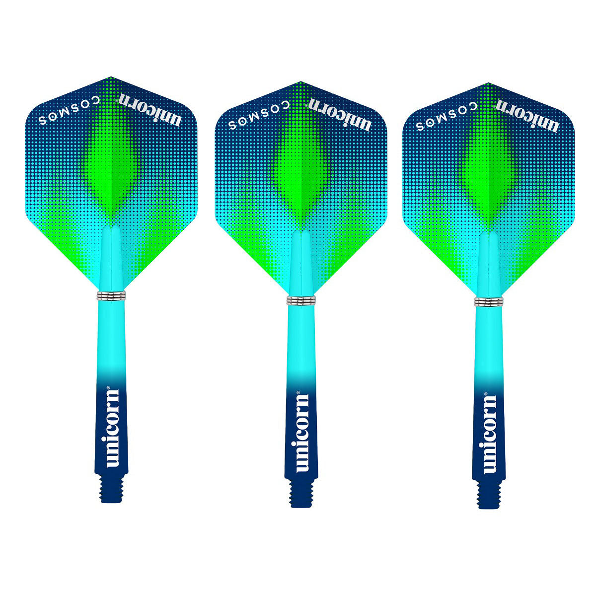 Three dart flights with a geometric pattern in blue and green colours, branded with the name Unicorn.