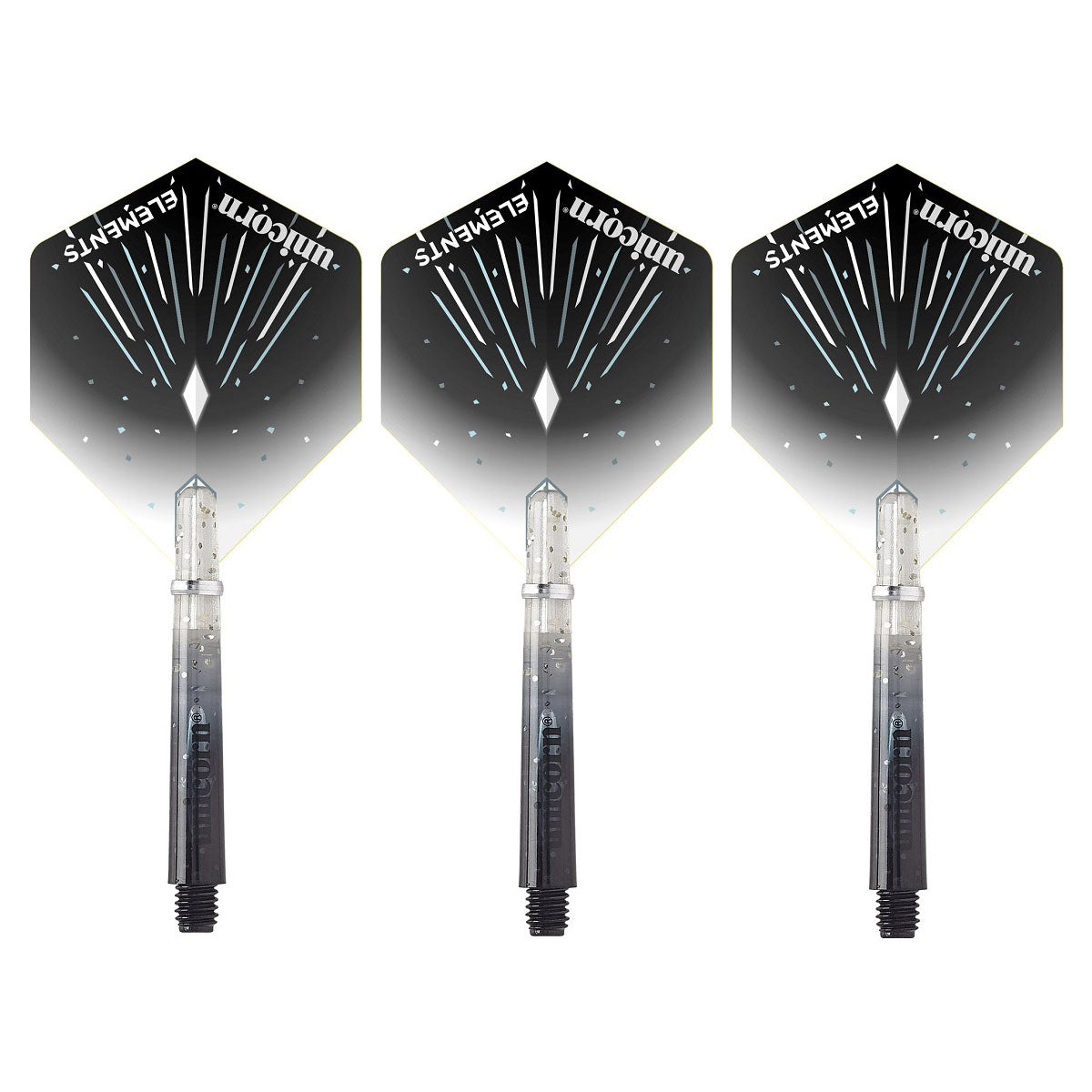 Three unicorn dart flights with medium stems, featuring a geometric pattern in black, silver, and grey colours