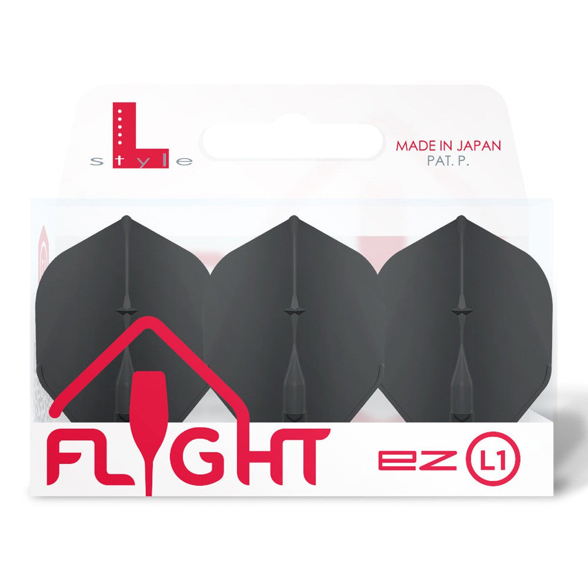 Packaging of black dart flights with 'FLIGHT' branding on a white background