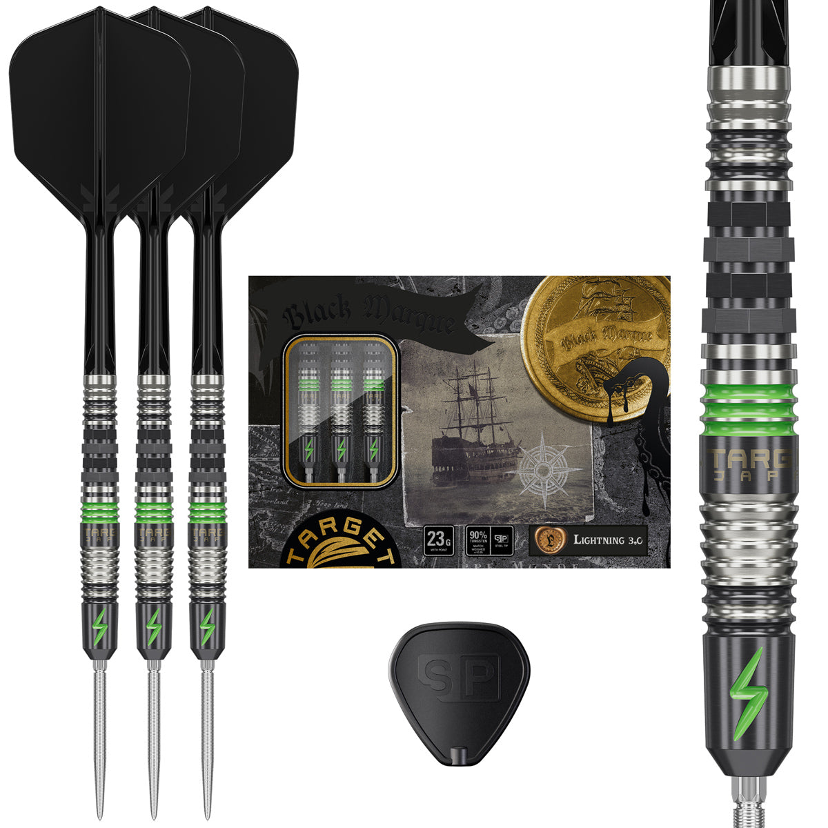 Target Darts Black Marque Lightning 3.0 dart set featuring three assembled darts with black flights, Swiss Point barrels with green and silver accents, deluxe packaging, and included Swiss Point tool