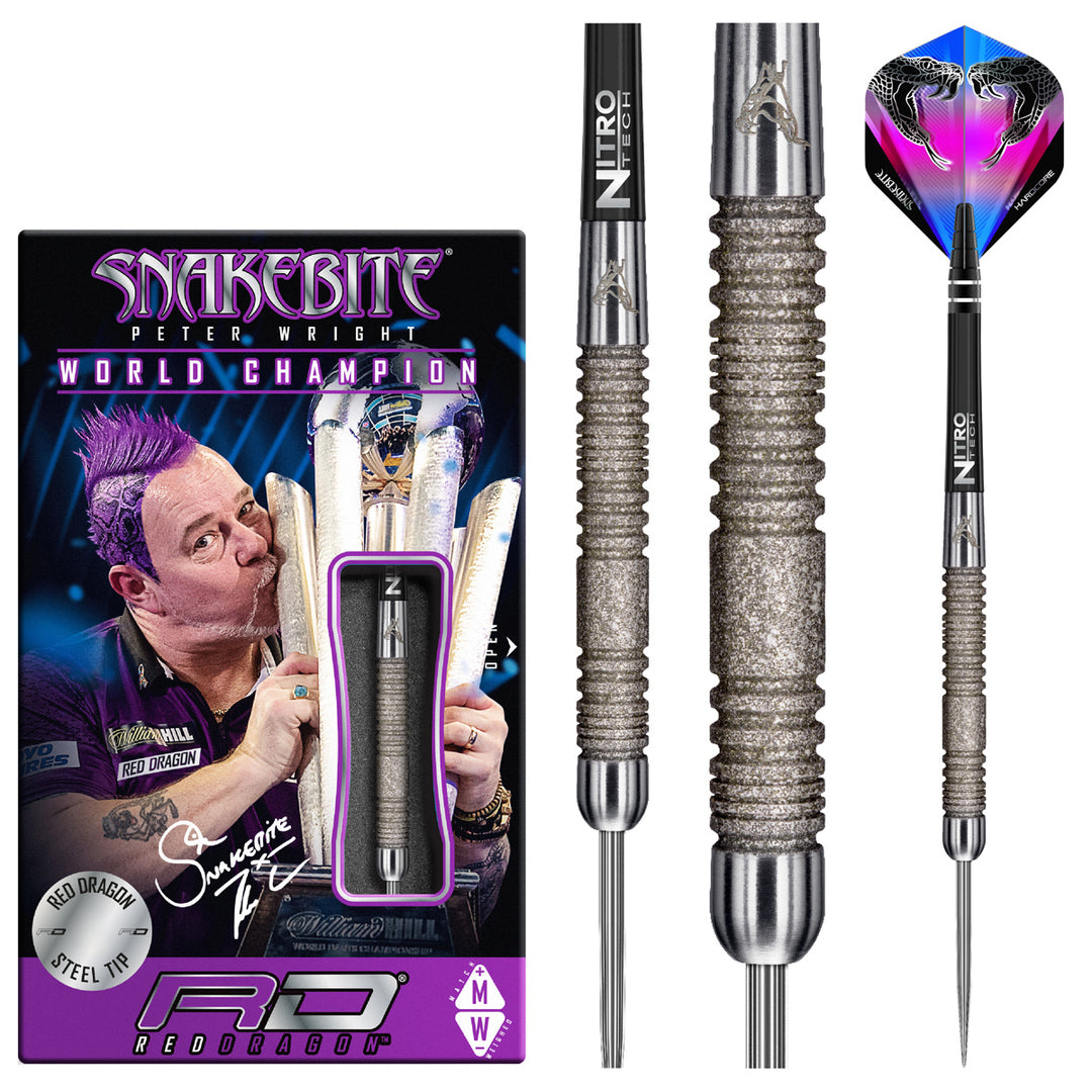 Peter Wright Euro 11 Element 90% Tungsten Steel Tip Darts by Red Dragon - Product box and 3 dart barrels at various zoom levels.