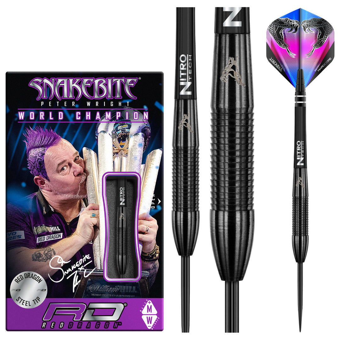 Peter Wright Snakebite 3 Black 90% Tungsten Steel Tip Darts by Red Dragon