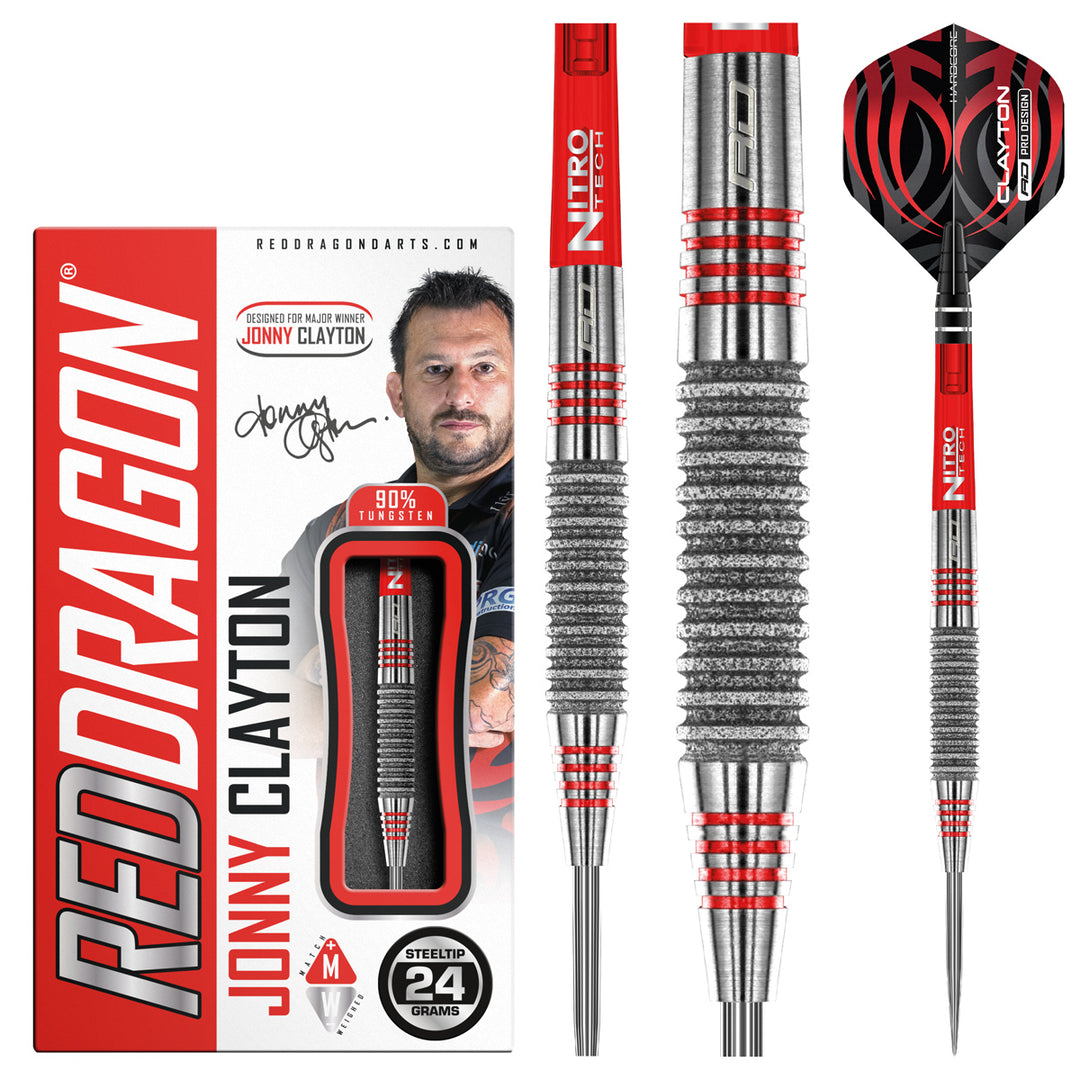 Jonny Clayton Element 90% Tungsten Steel Tip Darts by Red Dragon - Product box and 3 dart barrels at various zoom levels.
