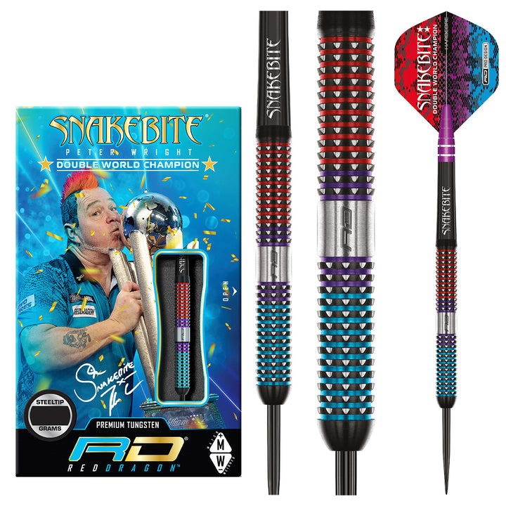 Peter Wright Spirit 90% Tungsten Steel Tip Darts by Red Dragon - Product box and 3 dart barrels at various zoom levels.