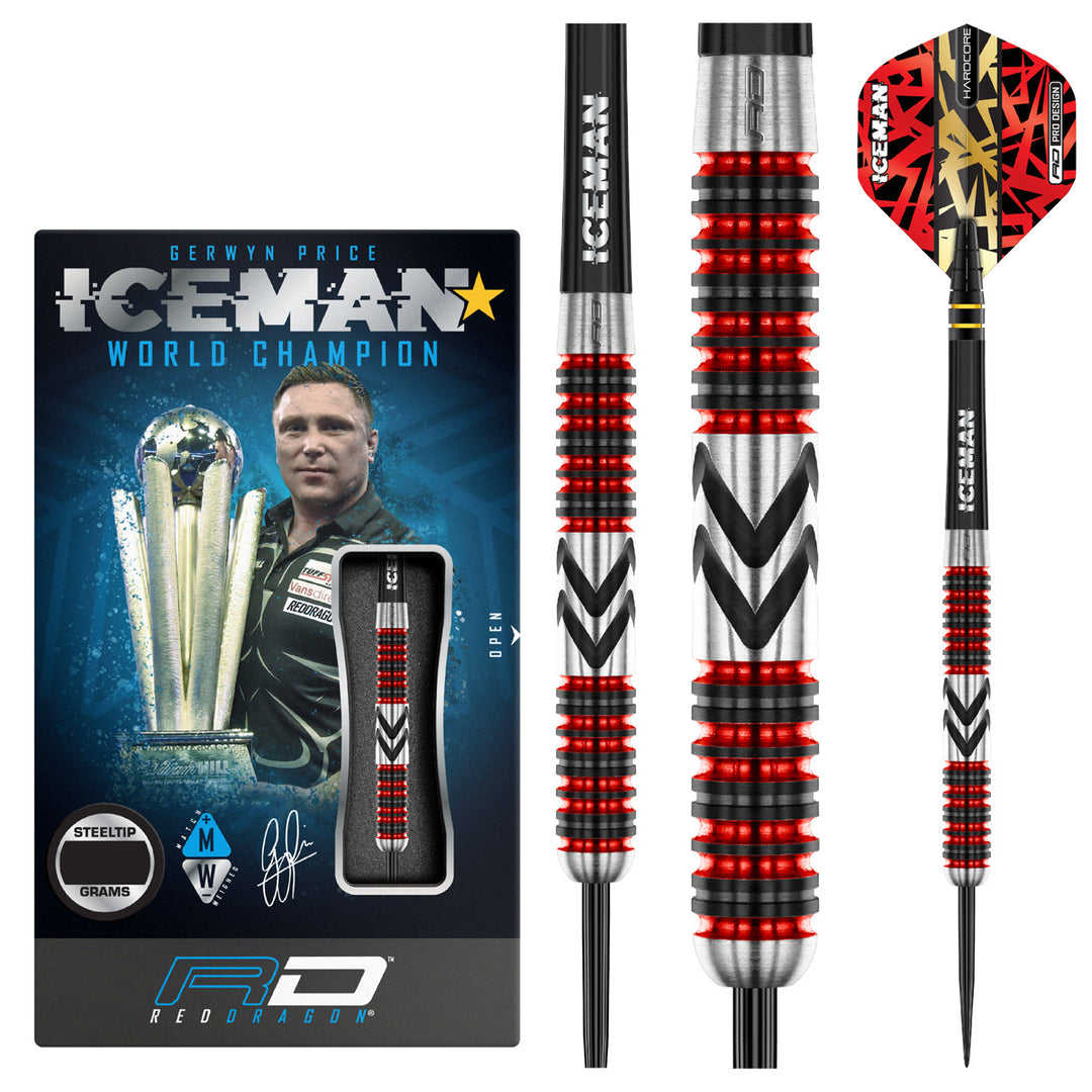 Gerwyn Price Firebird 90% Tungsten Steel Tip Darts by Red Dragon - Product box and 3 dart barrels at various zoom levels.