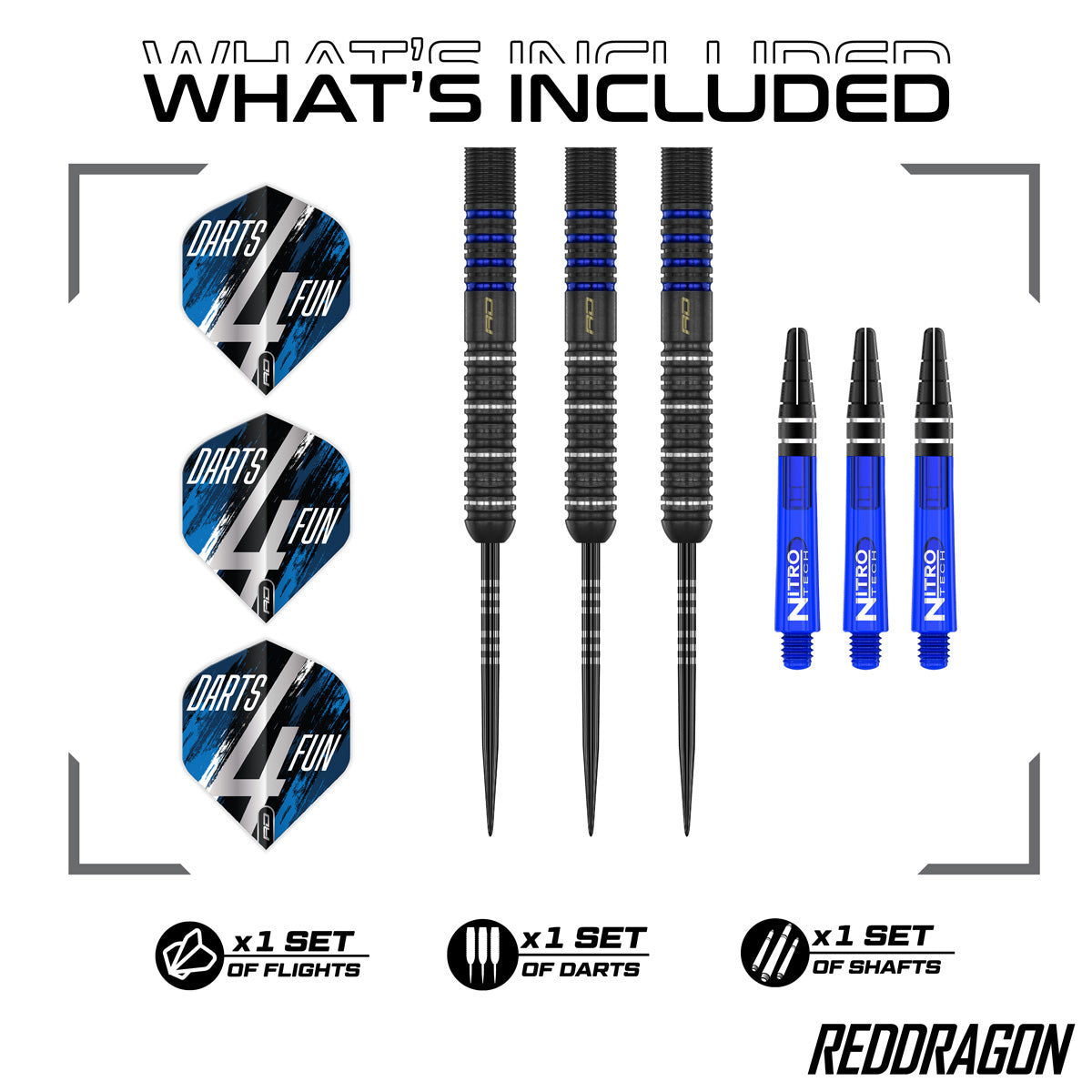 Set of Red Dragon David Williams V1 Darts split into flights, barrel, and shafts annotated to say that 1 set of those parts are included.