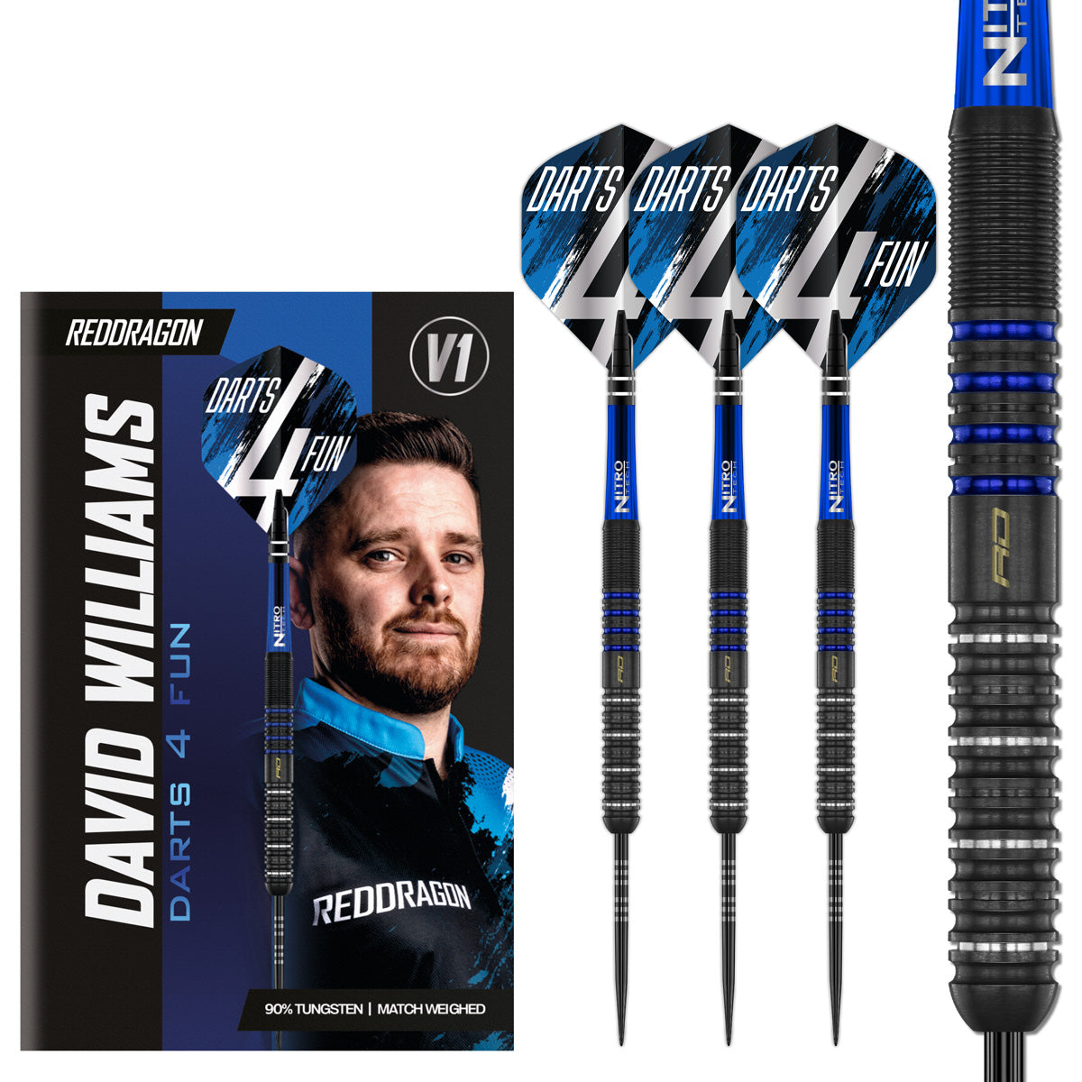 Set of Red Dragon David Williams V1 Darts alongside packaging featuring David Williams and a zoomed barrel view on a white background.