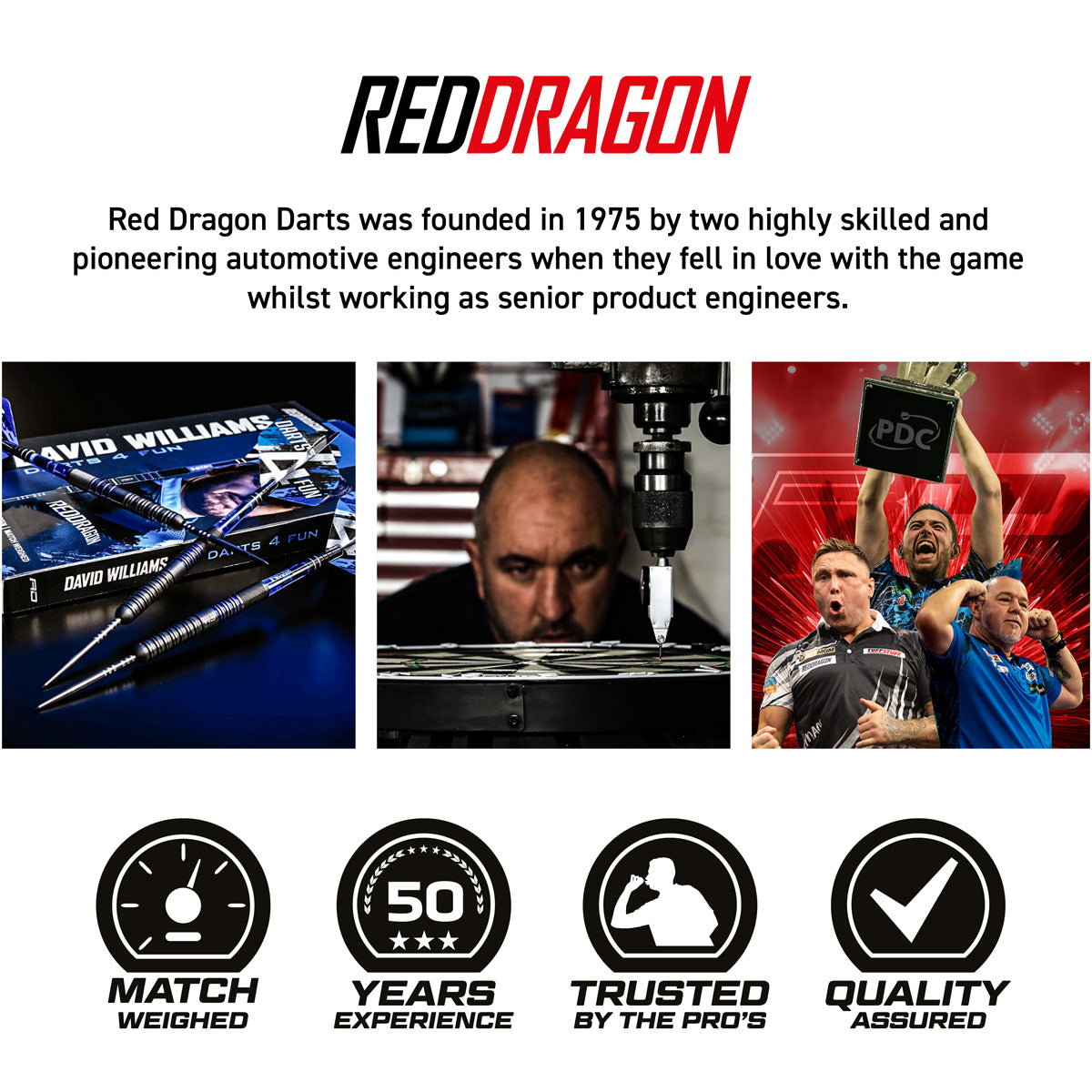 Red Dragon darts branding with product images and text about company founding and values.