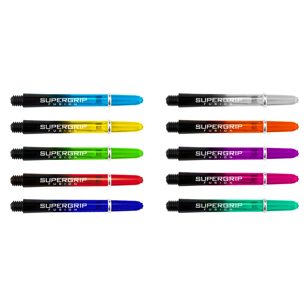A selection of Harrows Supergrip Fusion Dart Stems / Shafts in various colors including black with colorful accents.