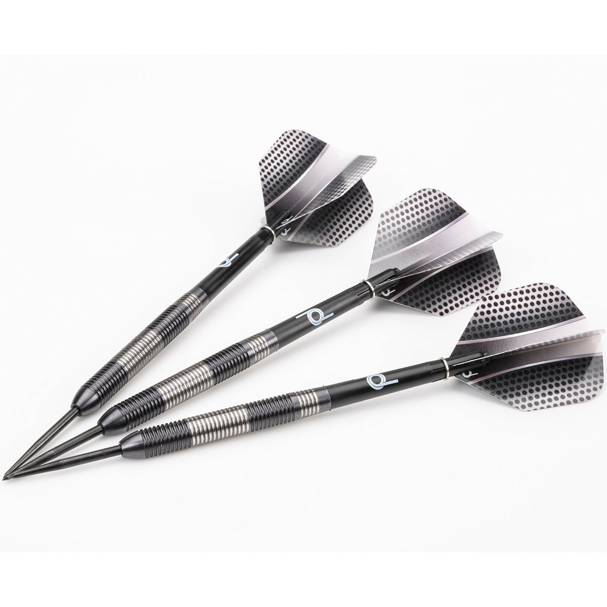 A set of three silver and black performance darts from a raised side-on perspective.