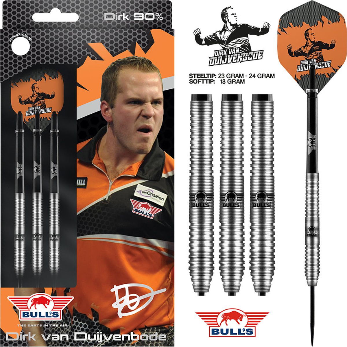 Dirk van Duijvenbode Steel Tip Darts main product image showing the darts, packaging, flights, shafts, and included accessories