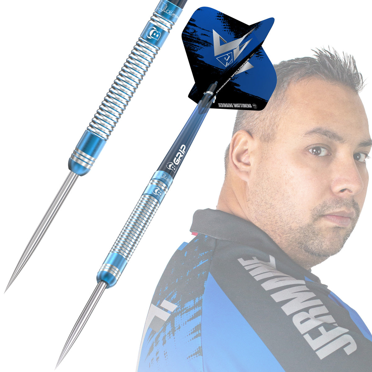Jermaine Wattimena G3 Steel Tip Darts close up image showing detailed grip patterns, machining, coating, and precision craftsmanship