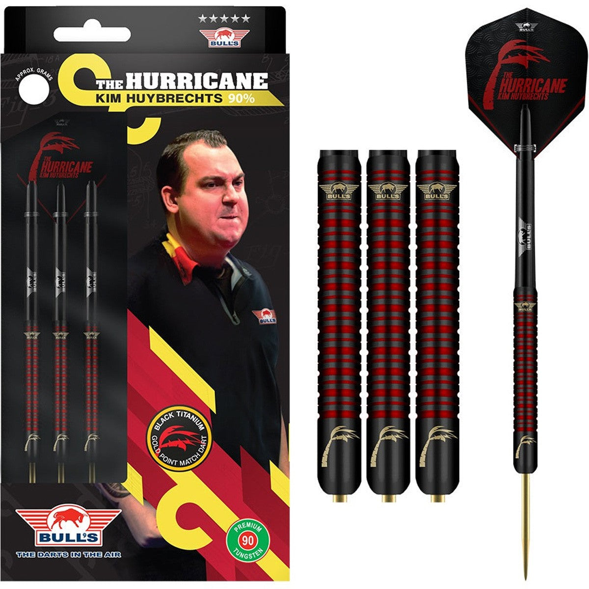 Kim Huybrechts Black Titanium Steel Tip Darts main product image showing the darts, packaging, flights, shafts, and included accessories