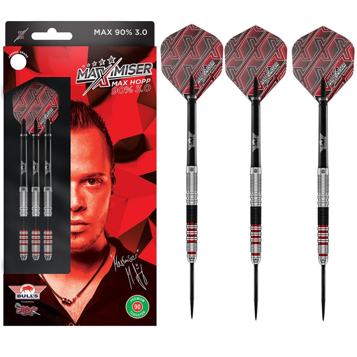 Max Hopp Version 3.0 Steel Tip Darts main product image showing the darts, packaging, flights, shafts, and included accessories
