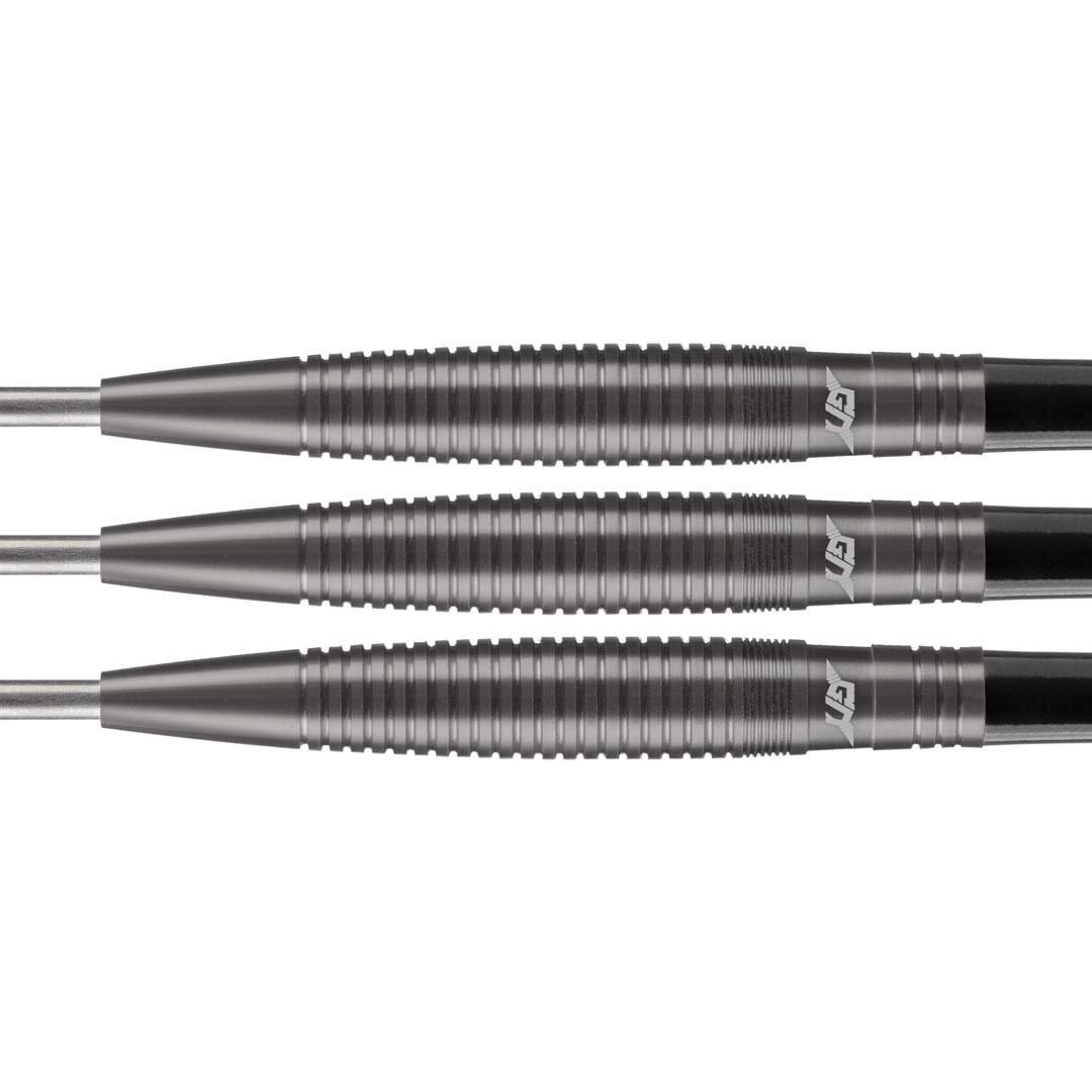 Geert Nentjes Black Steel Tip Darts close up image showing detailed grip patterns, machining, coating, and precision craftsmanship