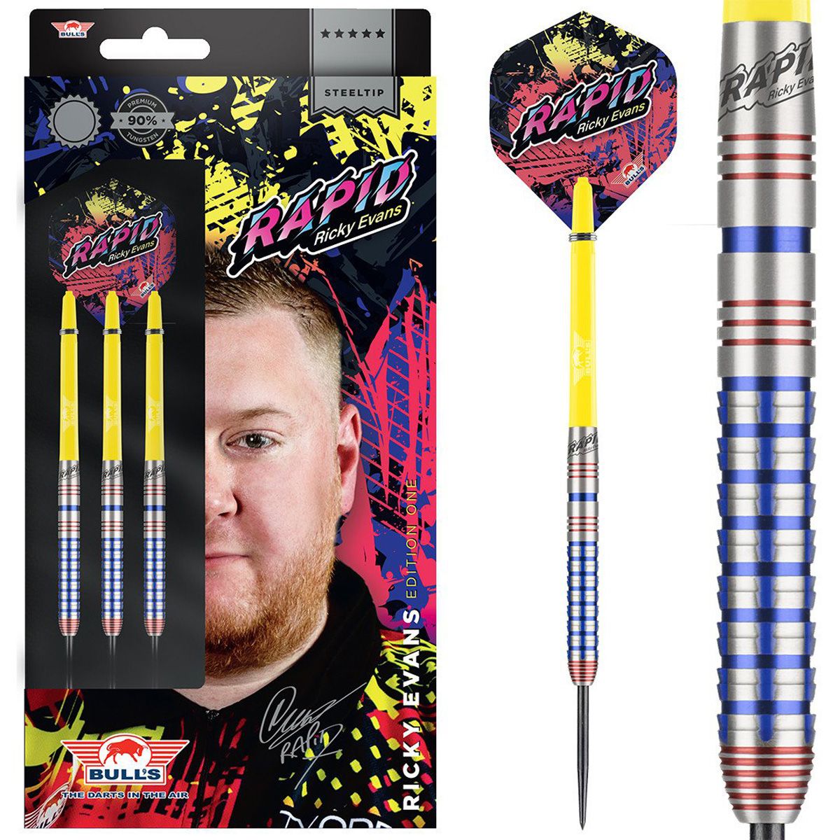 Ricky Evans 90 Percent Tungsten Steel Tip Darts main product image showing the darts, packaging, flights, shafts, and included accessories