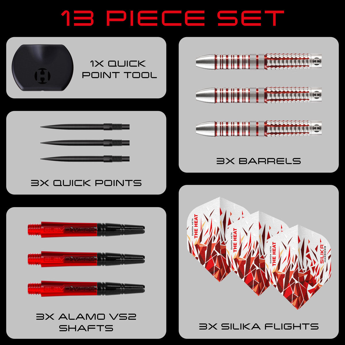 Harrows Damon Heta Series 2 QP Steel Tip Darts image displaying everything included inside the box