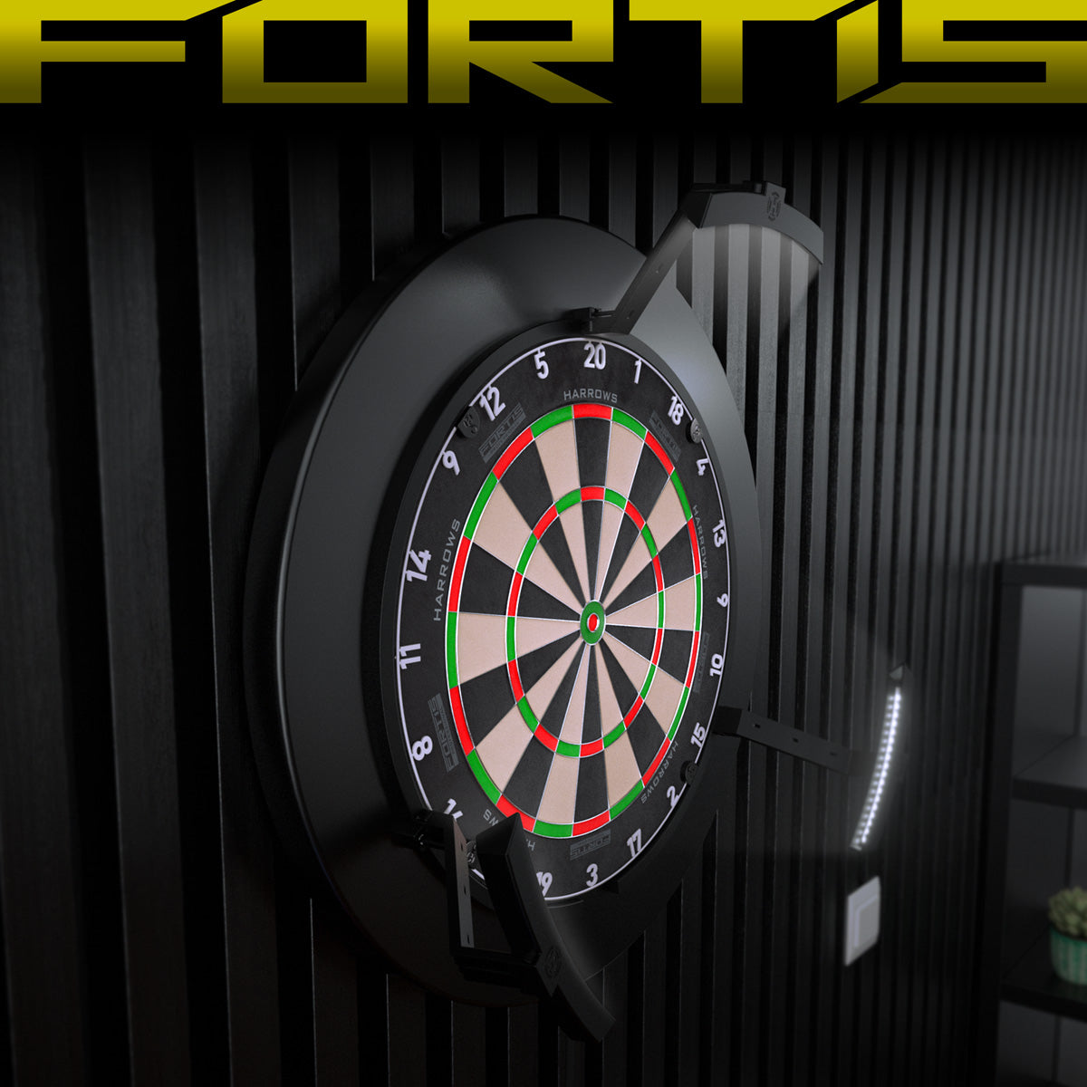 Harrows Fortis Dartboard lifestyle image showing the dartboard installed and ready for play in a real world setting