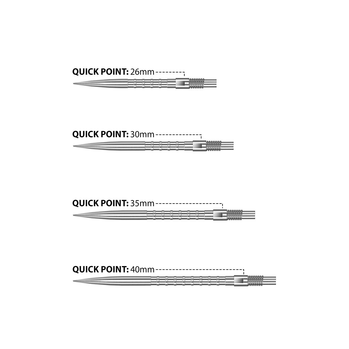 Harrows HM Grip Quick Points Silver image comparing the available point lengths