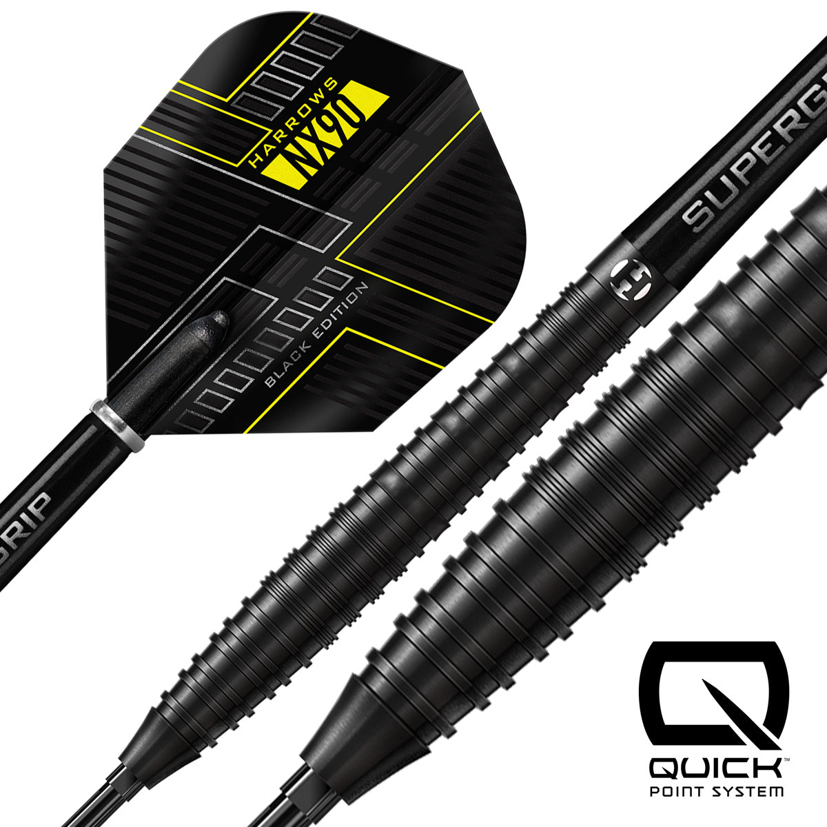 Black darts with yellow accents and 'Quick' branding on a white background. Available in 21 Gram, 22 Gram, 23 Gram, 24 Gram, 25 Gram, 26 Gram