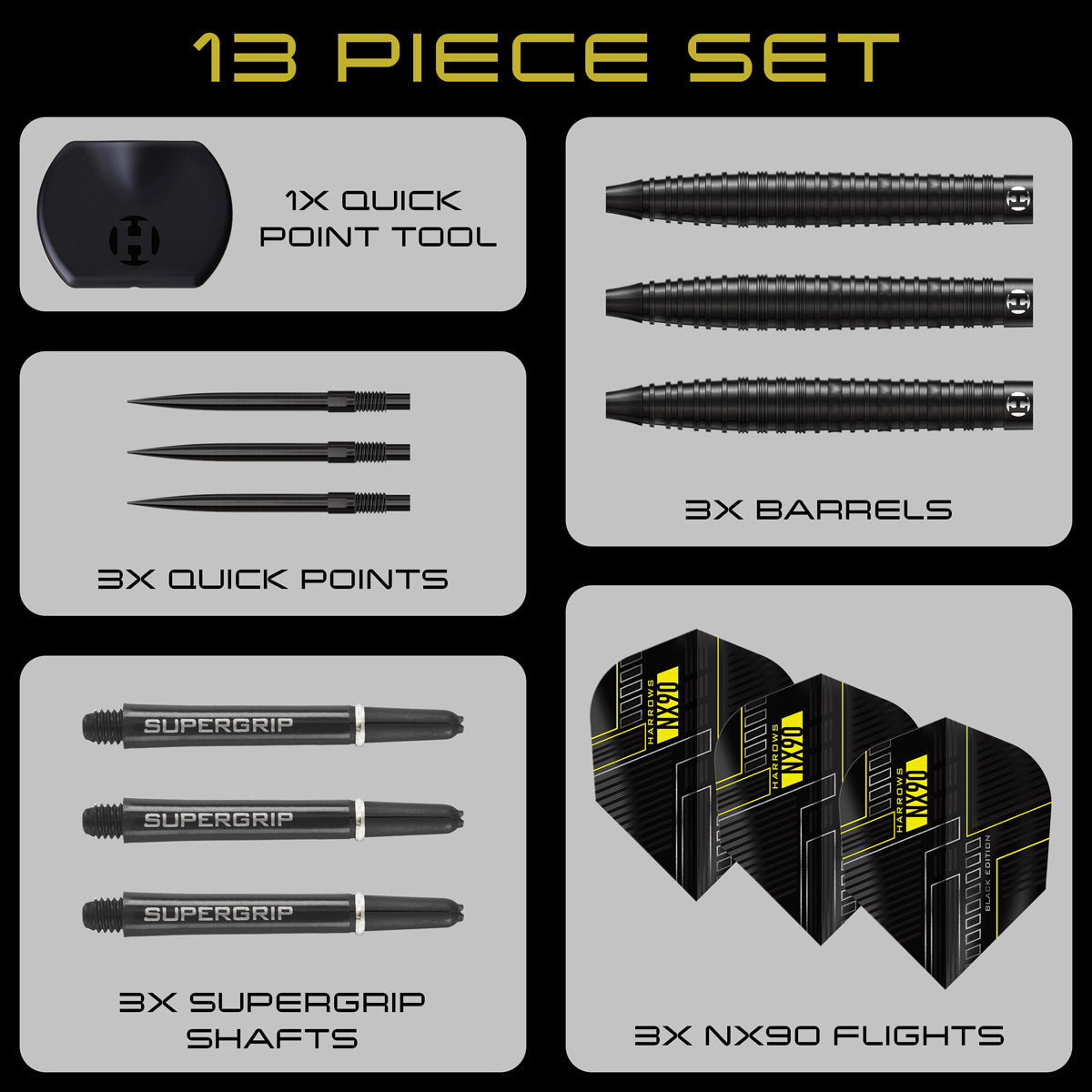 13-piece dart set with quick point tool, barrels, supergrip shafts, and NX90 flights on a grey background. Available in 21 Gram, 22 Gram, 23 Gram, 24 Gram, 25 Gram, 26 Gram