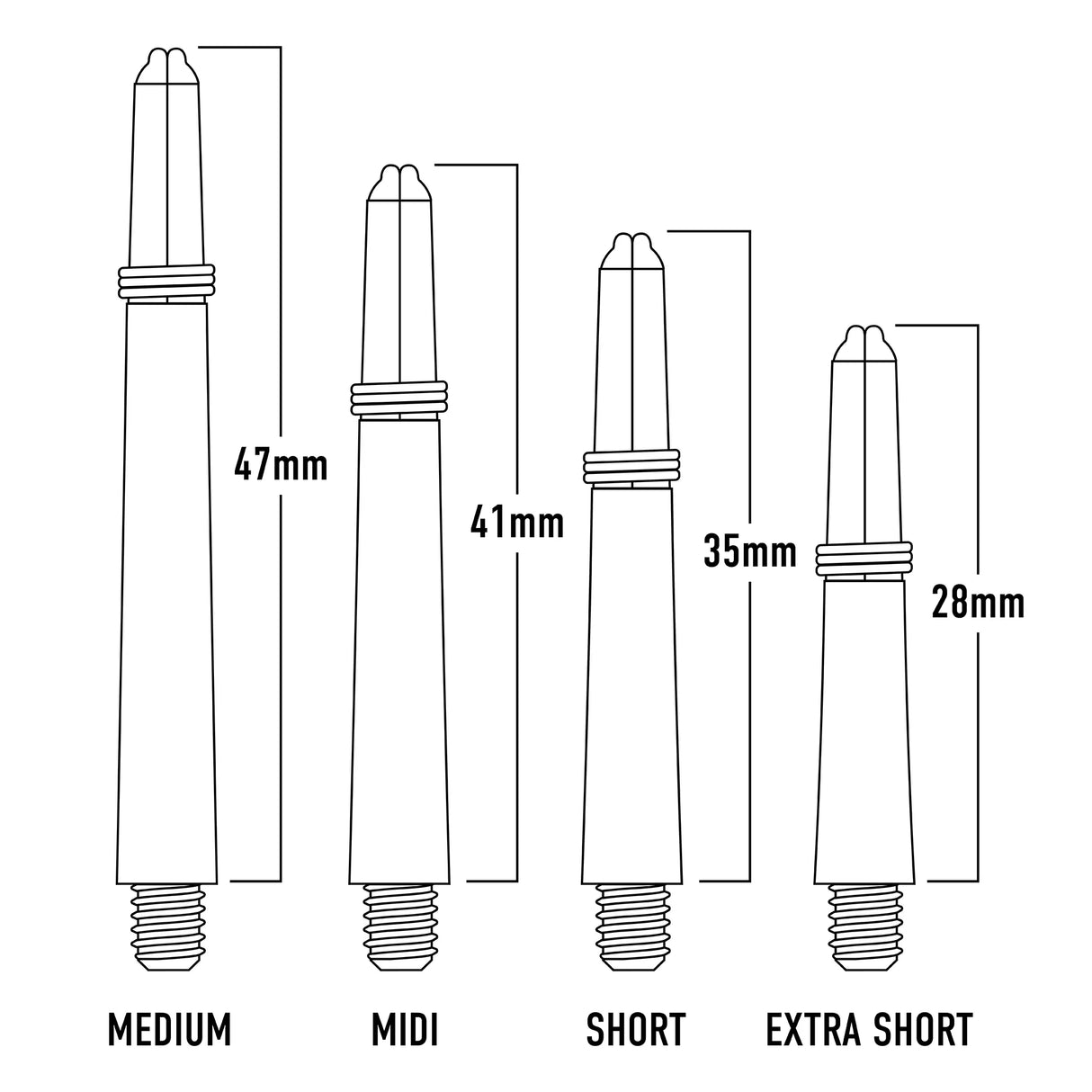 Harrows Nylon Ring Grip Dart Stems Shafts White and Black length guide image showing available stem sizes and dimensions