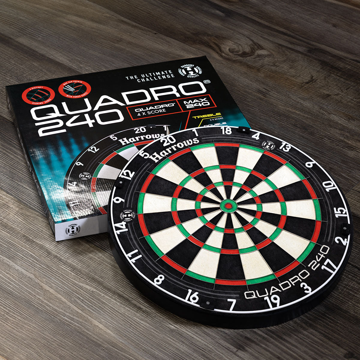 Harrows Quadro 240 Dartboard outer box image showing the retail packaging and dartboard together