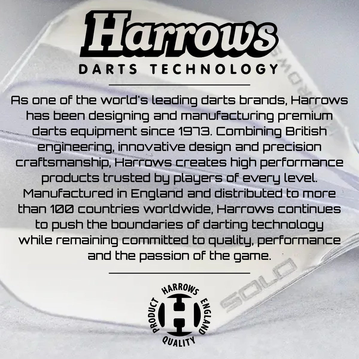 Harrows brand information card highlighting the company's heritage, based in England and established in 1973.