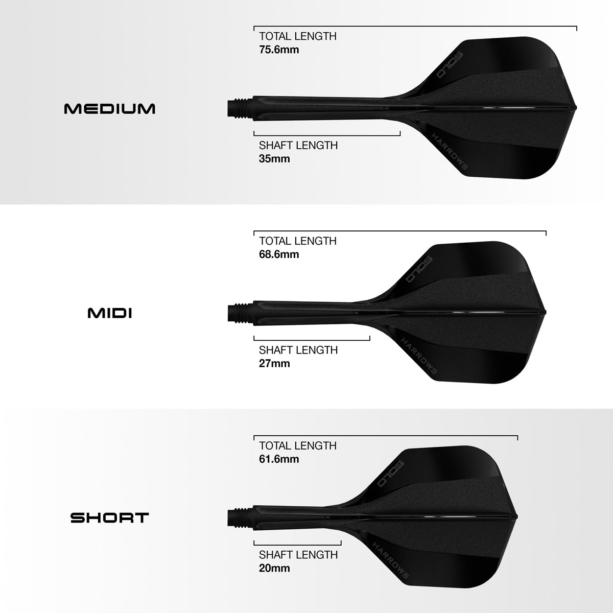 Harrows Solo No6 Integrated Flights and Shafts dimensions image showing flight shape, shaft length, and size specifications.