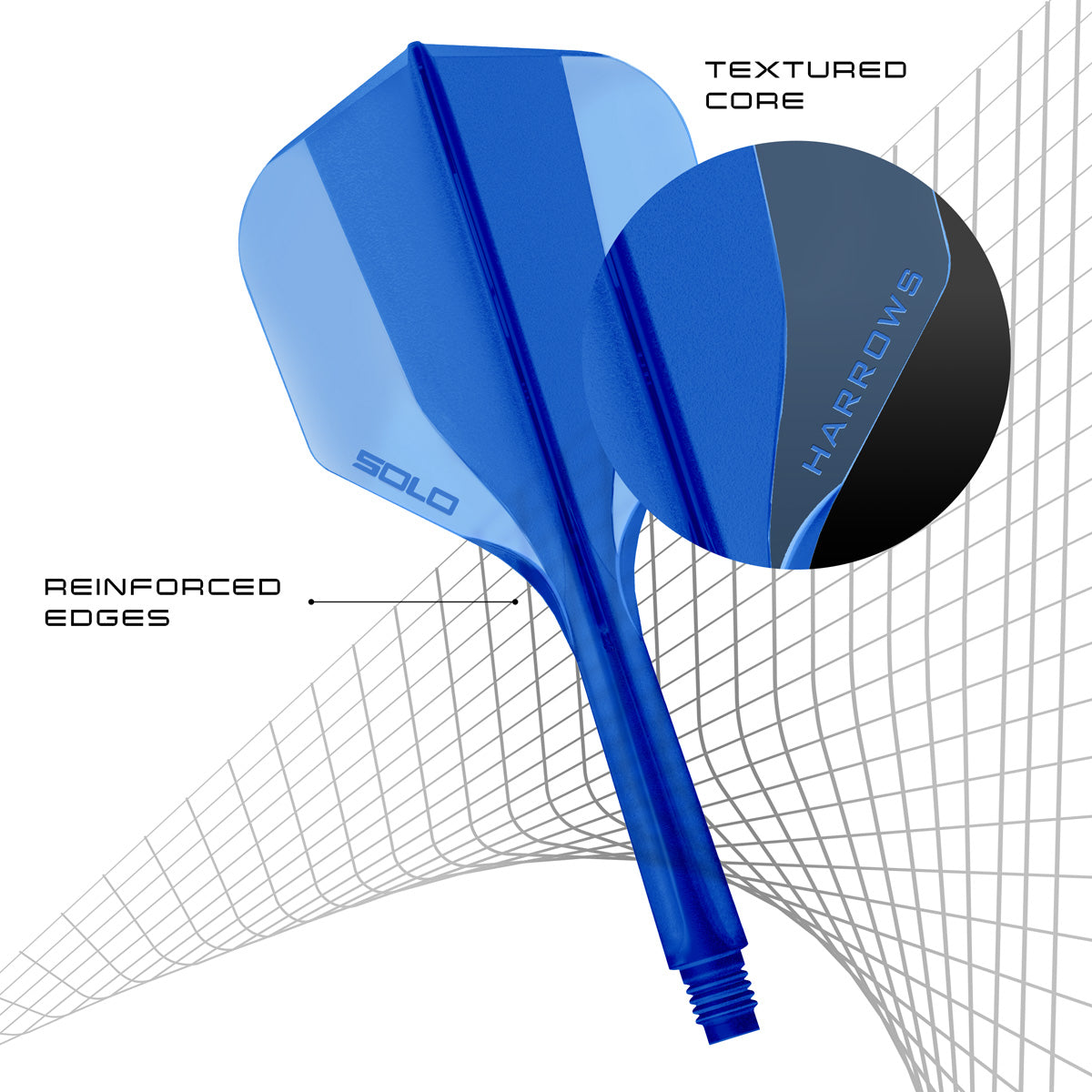 Harrows Solo No6 Integrated Flights and Shafts close up image highlighting moulded construction, material, and flight detail