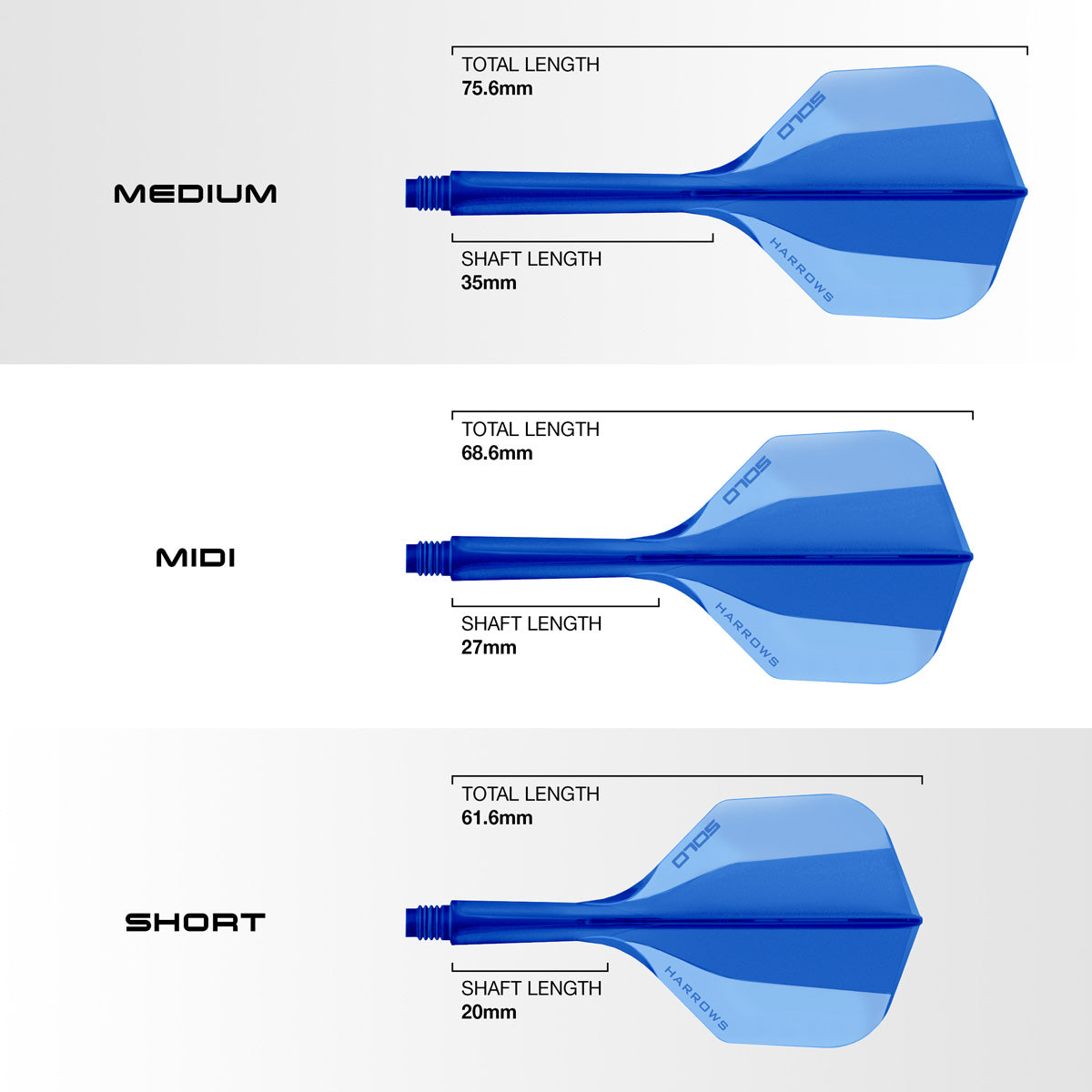 Harrows Solo No6 Integrated Flights and Shafts dimensions image showing flight shape, shaft length, and size specifications.