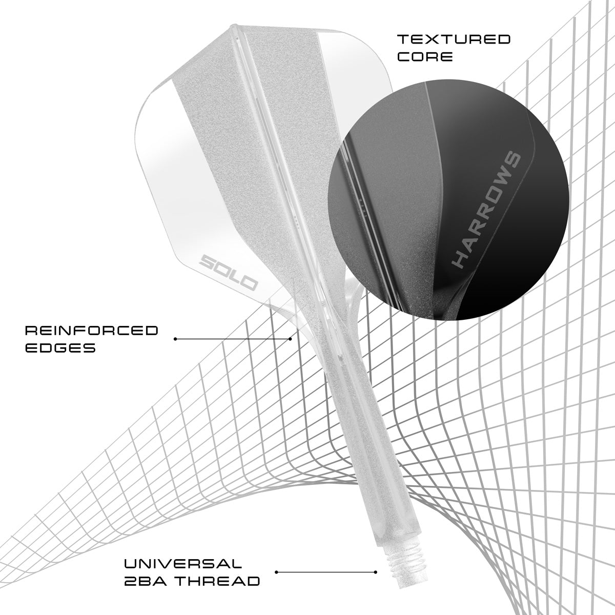 Harrows Solo No6 Integrated Flights and Shafts close up image highlighting moulded construction, material, and flight detail