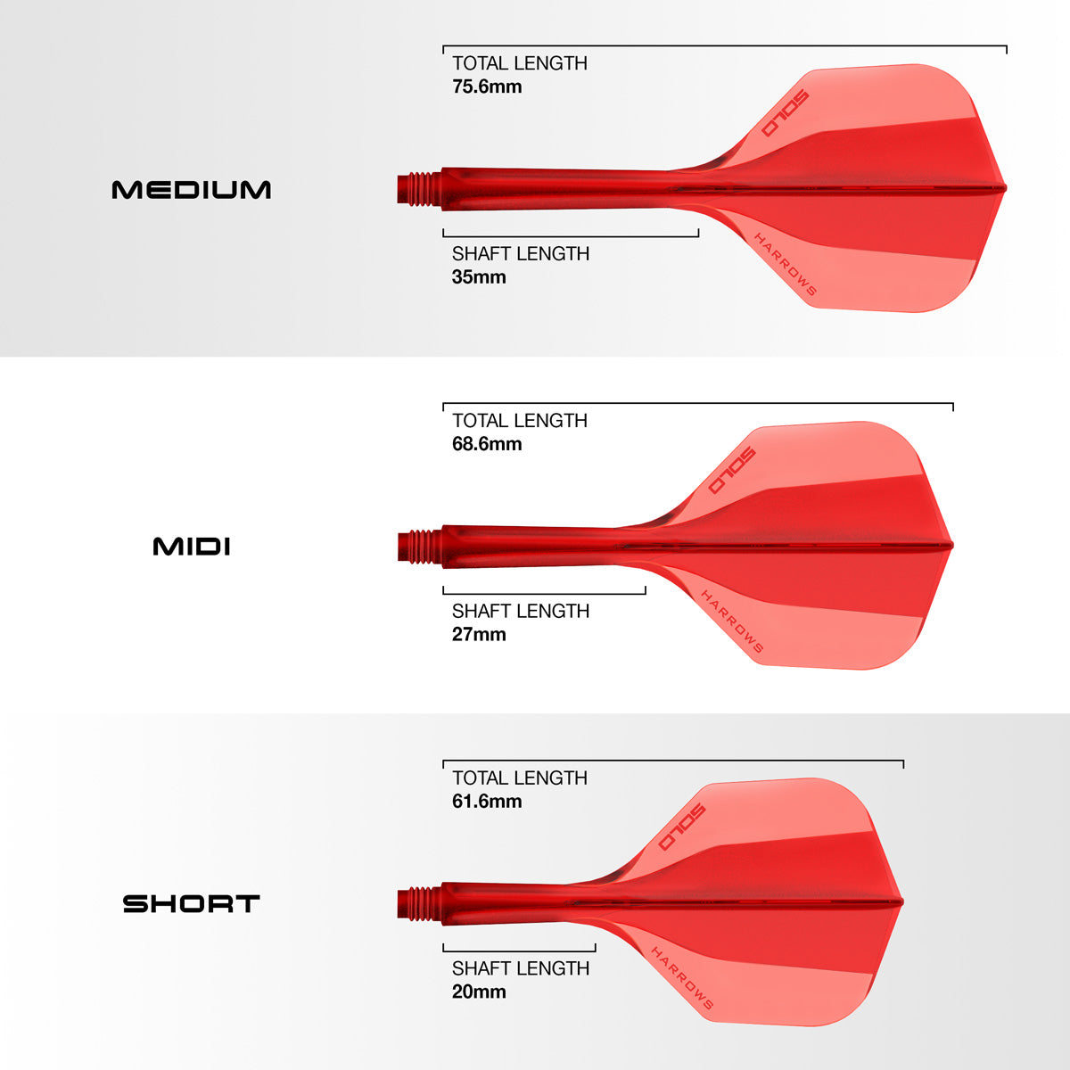 Harrows Solo No6 Integrated Flights and Shafts dimensions image showing flight shape, shaft length, and size specifications.