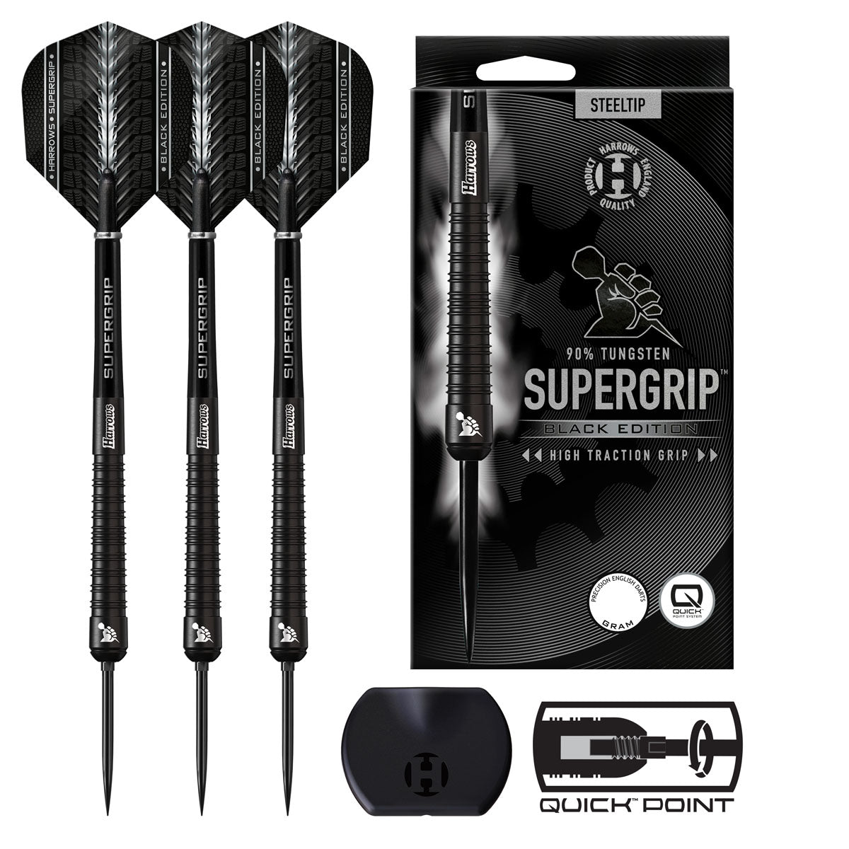 Image of the Harrows Supergrip Black Quick Point 90% Tungsten Steel Tip Darts displayed for retail sale with product packaging