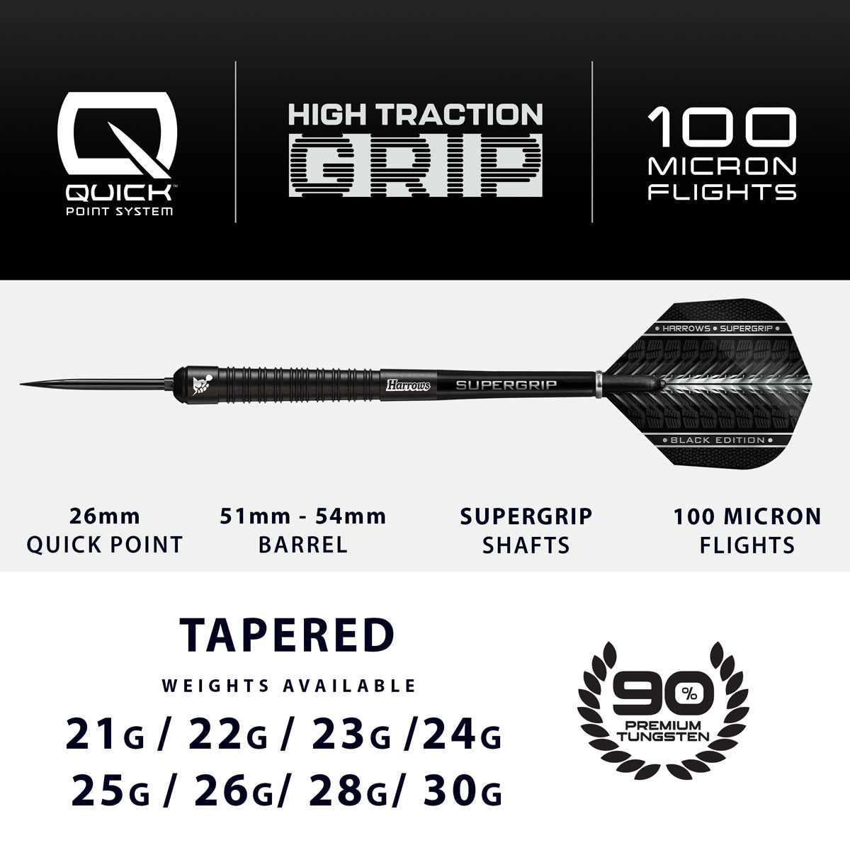 Harrows Supergrip Black Quick Point 90% Tungsten Steel Tip Darts specifications and product dimensions
