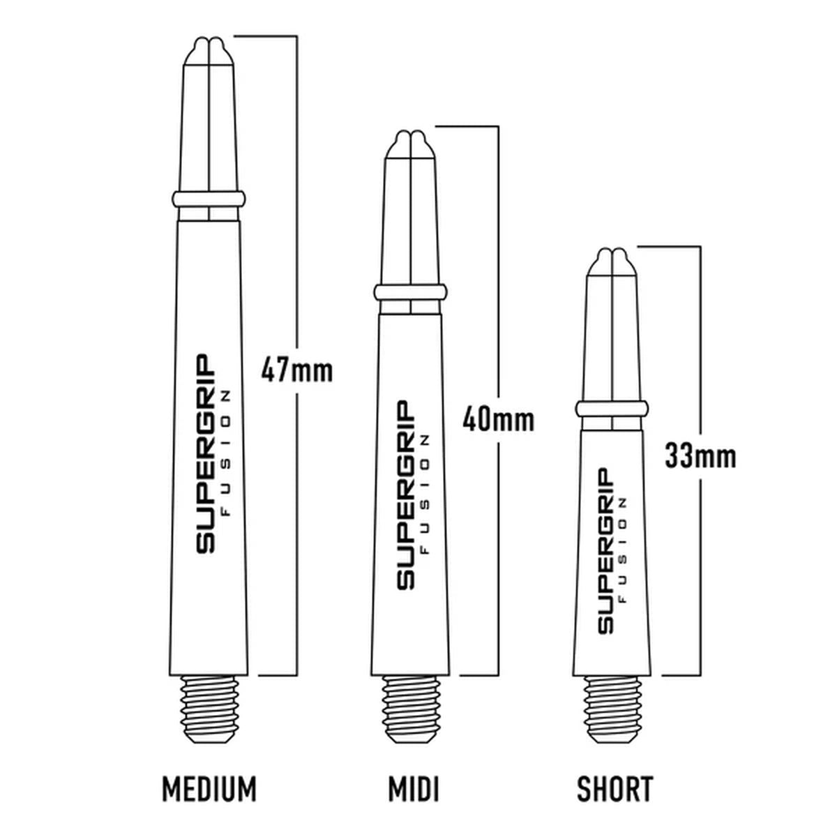 Illustration of Supergrip fusion darts shafts with measurements for medium, midi, and short sizes. Labelled MEDIUM, MIDI, and SHORT with measured lengths 47mm, 40mm, and 33mm.