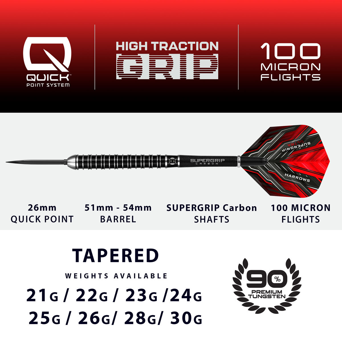 Harrows Supergrip Ultra Quick Point 90% Tungsten Steel Tip Darts specifications and product dimensions