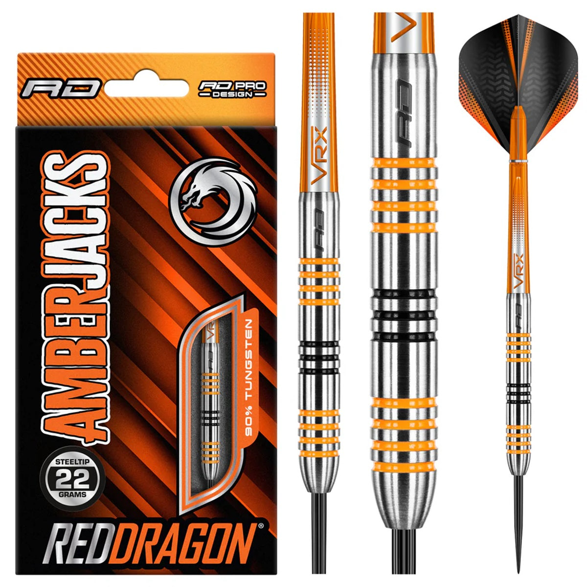 Amberjack 3 Steel Tip Darts product image showing the complete dart set, packaging and accessories
