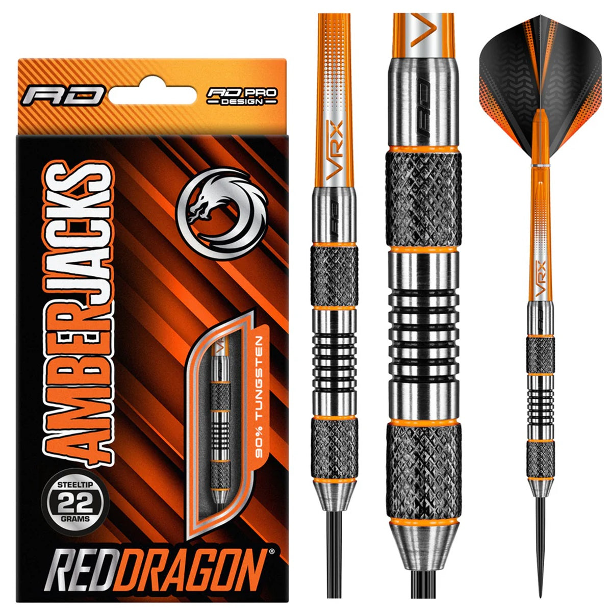 Amberjack 5 Steel Tip Darts product image showing the complete dart set, packaging and accessories