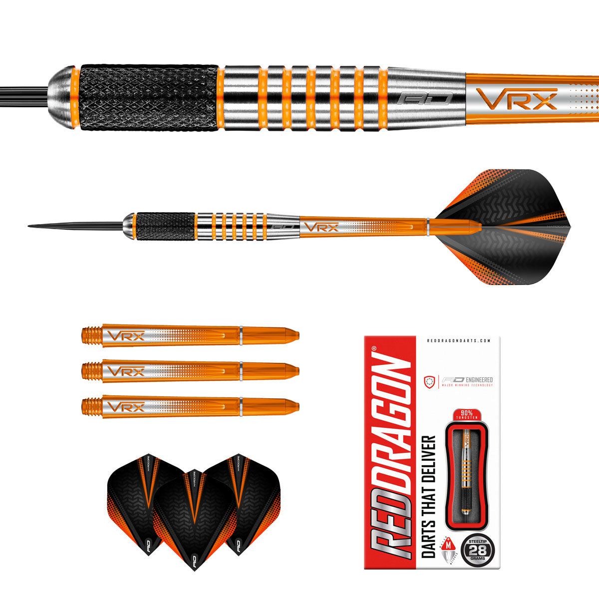 Contents of the Amberjack 9 darts box including flights, shafts and accessories