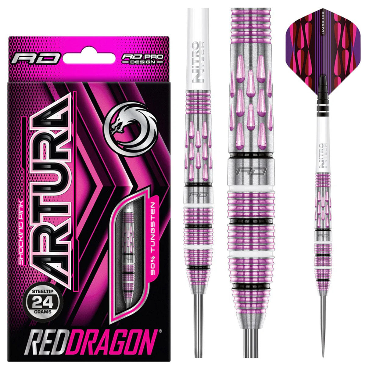 Artura Shocking Pink Steel Tip Darts product image showing the complete dart set, packaging and accessories