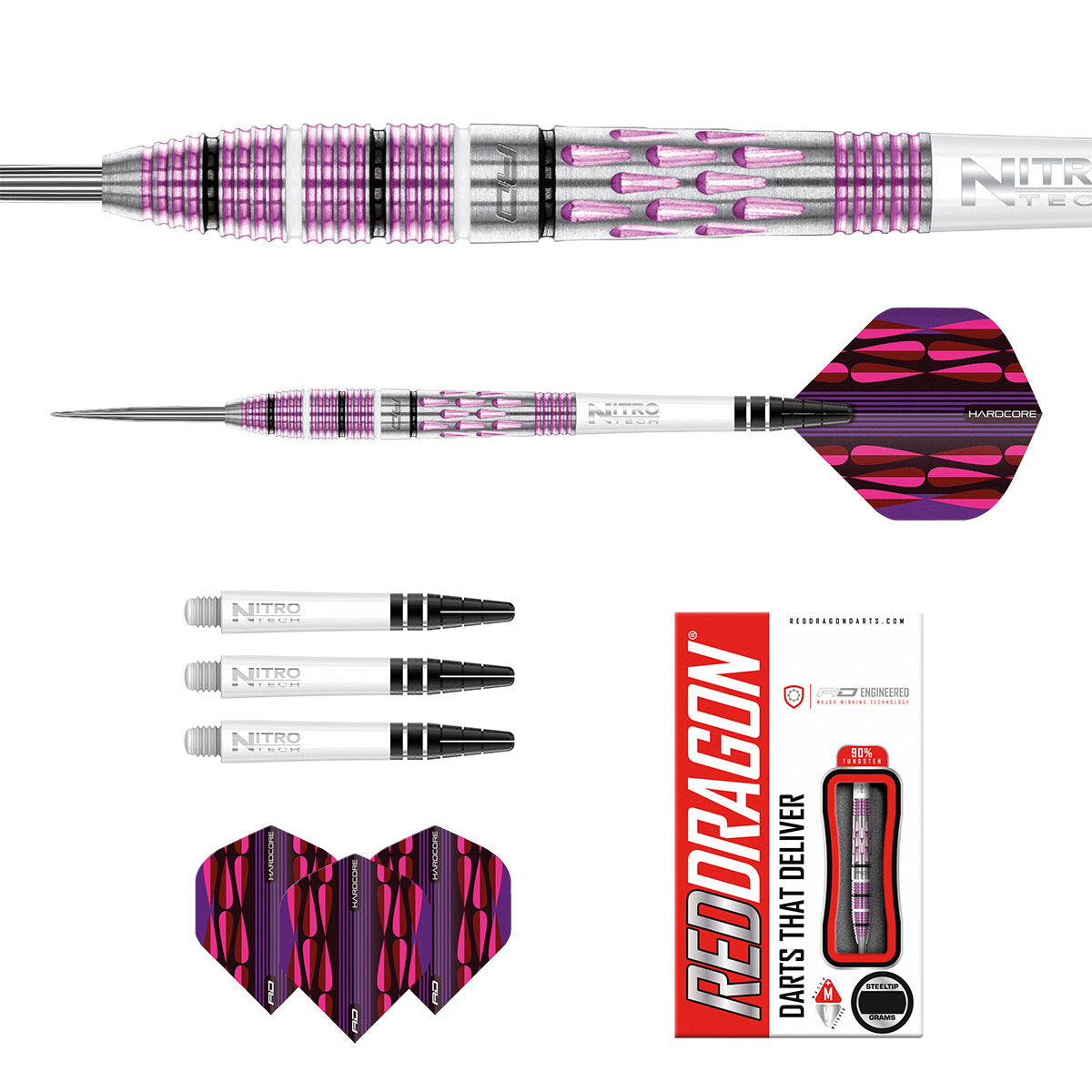 Contents of the Artura Shocking Pink darts box including flights, shafts and accessories