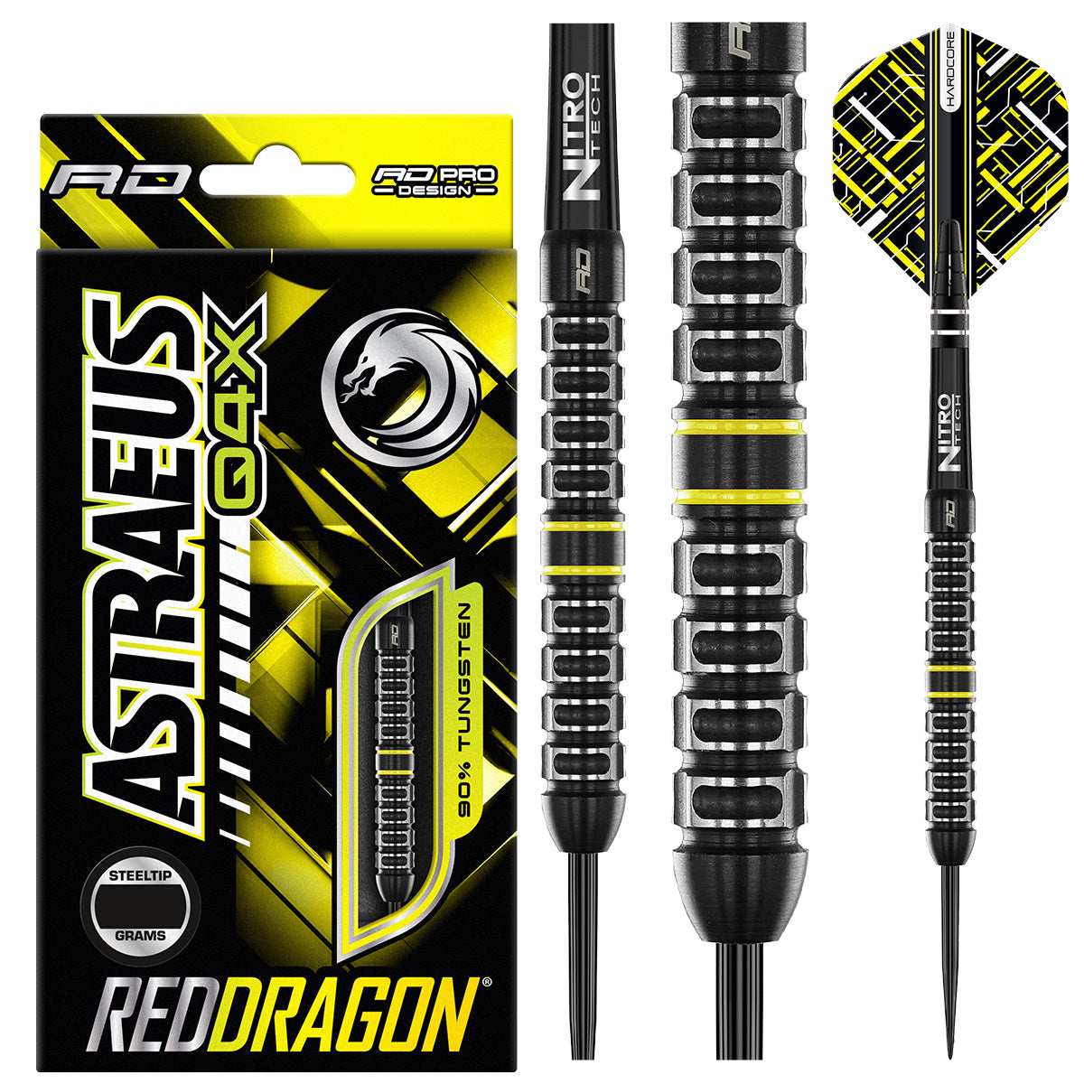 Astraeus Q4X Parallel Steel Tip Darts product image showing the complete dart set, packaging and accessories