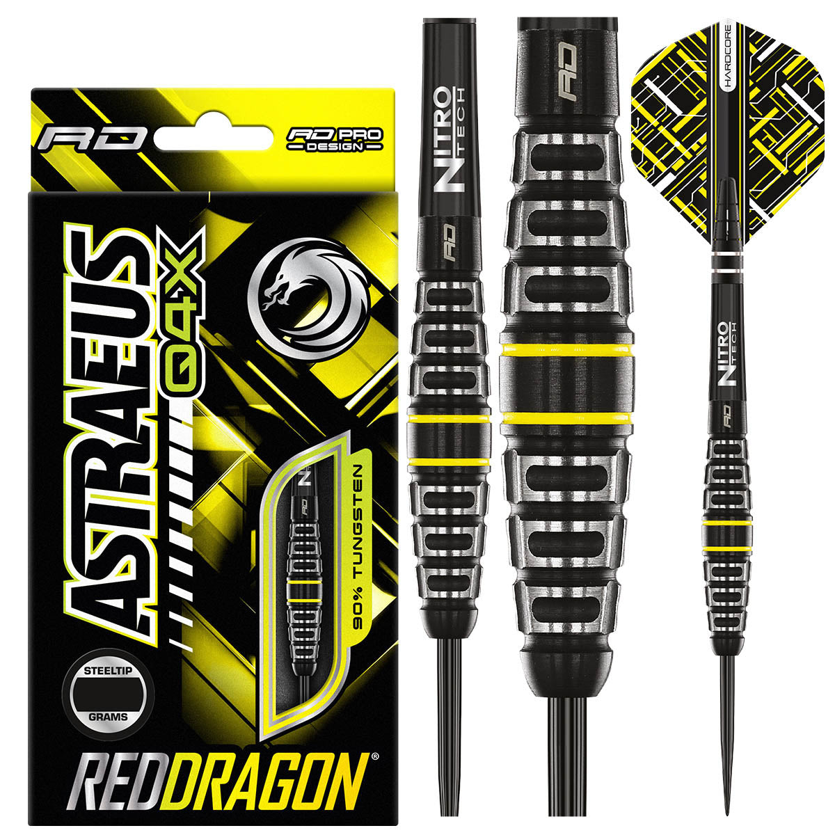 Astraeus Q4X Torpedo Steel Tip Darts product image showing the complete dart set, packaging and accessories