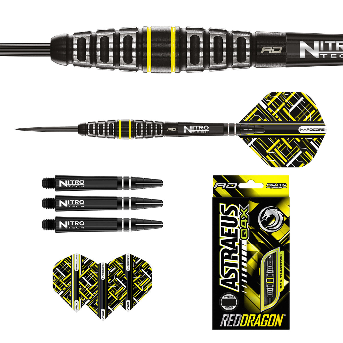 Contents of the Astraeus Q4X Torpedo darts box including flights, shafts and accessories