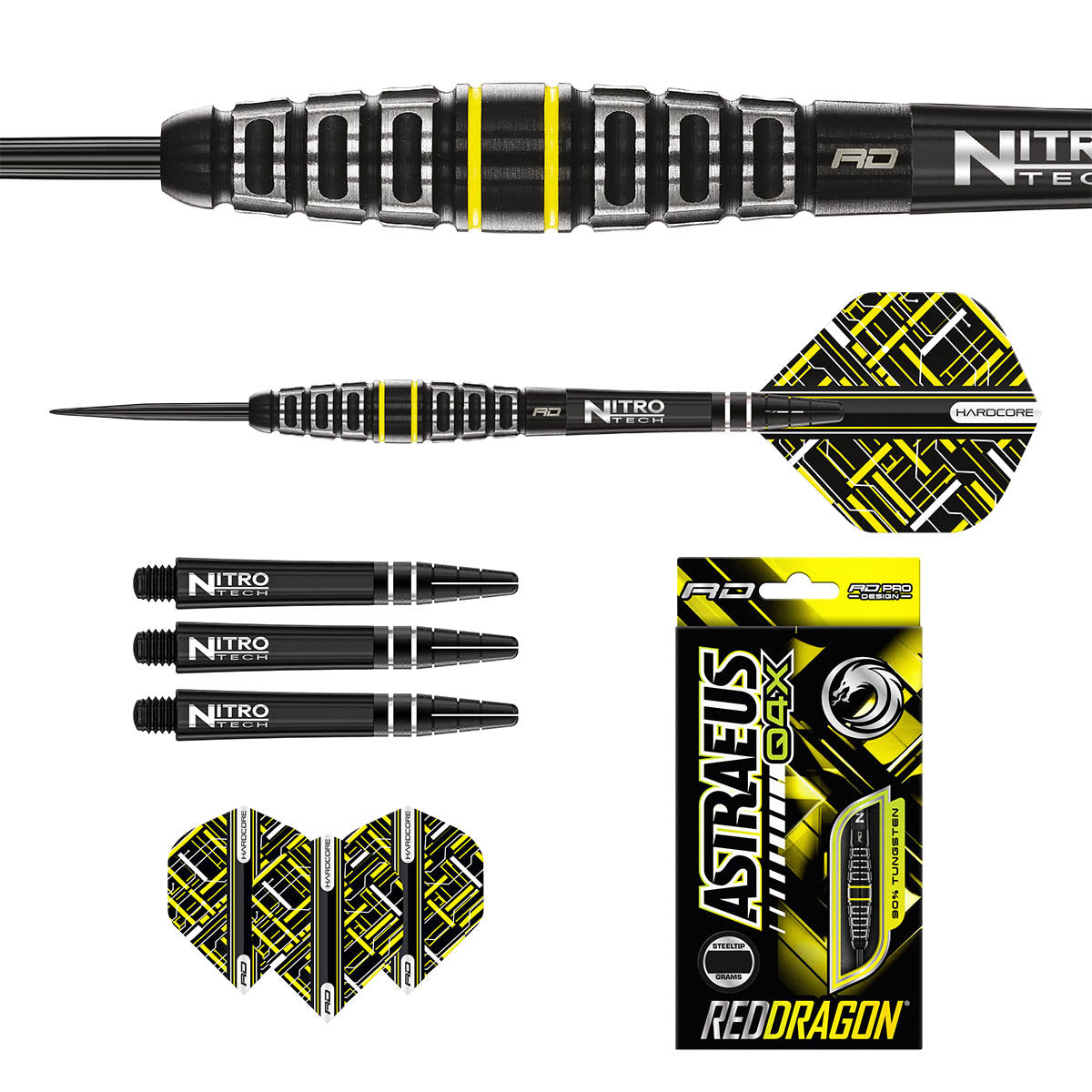 Contents of the Astraeus Q4X Torpedo darts box including flights, shafts and accessories