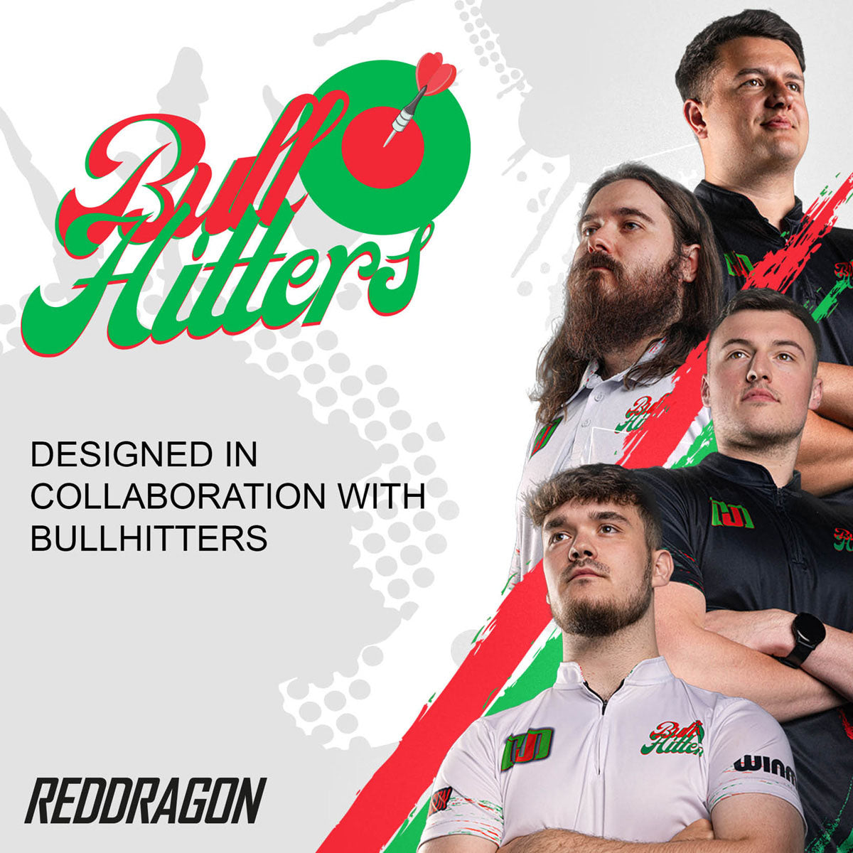 Red Dragon Bullhitters Steel Tip Darts image of the bullhitters a group of socail media influancers in the darts space with there logo and graphic